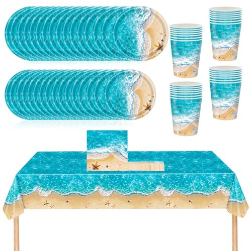 69Pcs Beach Party Tableware Set,Ocean Waves Under The Sea Plastic Table Cloth Paper Plates Napkins and Cups Ocean Sea Dinnerware Set for Kids Birthday Hawaiian Summer Pool Beach Party Table Decoration