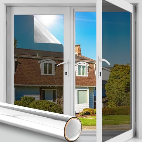 Spiegelfolie Fenster Sonnenschutzfolie Blickdicht von außen, Sichtschutz UV-Schutz & Hitzeschutz, Selbstklebend Fensterfolie Statisch Reflektierend Einwegspiegel für Sommer, Silber 90x200cm