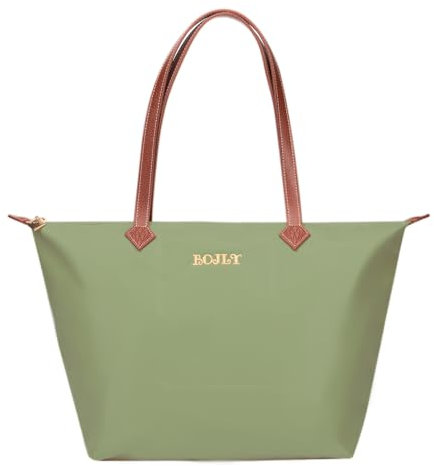 BOJLY Tote Bag Groß Shopper Tasche Damen, Leichte Faltbare Handtasche, Wasserdichte Nylon Schultertasche Damen mit Reißverschluss für Arbeit, Schule, Einkauf, Reisen (Waldgrün)