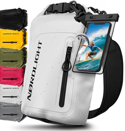 Nordlight Dry Bag wasserdichte Tasche mit Handyhülle + Roll-Top, Schultergurt | Drybag wasserfester Rucksack Beutel Packsack Seesack Wassersack Wetbag | Baden Schwimmen Strand SUP – Weiß, 10 Liter