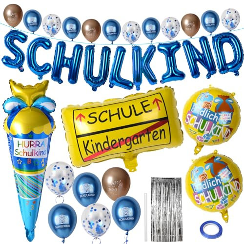 HSSPYY 33-tlg. Einschulung Deko Set Blau – Schulanfang Ballon Deko mit SCHULKIND Folienballons, 12 Latexballons (Champagner & Blau), Eisballon, Regenvorhang & Zubehör für Jungen & Mädchen