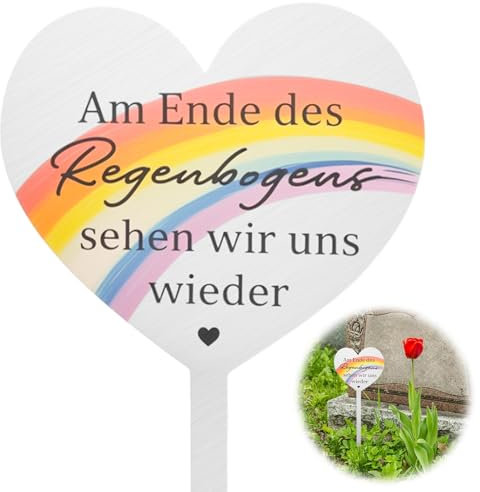 bssmmai Wetterfest Grabstecker Herz Edelstahl mit Gravur Am Ende des Regenbogens sehen wir Uns Wieder Grabdekoration Grabschmuck Erinnerung Dekoherz Trauer