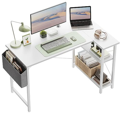 CubiCubi L Shaped Corner Desk, 100x70 cm Computer Desk with Storage Bag, Small Writing Table with Large Reversible Storage Shelves, Workstation for Study Play Work Home Office, White