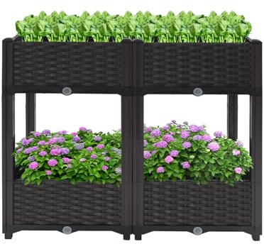 Fioriera rialzata a doppio piano, rettangolare, effetto rattan, 4 fioriere verticali, in PP, per giardino, balcone