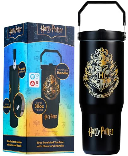 Get Trend Harry Potter Bicchiere Termico con Cannuccia e Maniglia, Metallo Tazza da Viaggio 850ml, Isolamento Termico Sottovuoto a Doppia Parete (Nero Harry Potter)