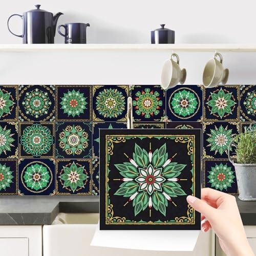 24pcs Moroccan Tile Stickers, Kitchen Bathroom Wall Stick on Tiles Self Adhesive Vinyl Waterproof Backsplash Peel and Stick Tile Covers Decals Vintage Mosaic Art (15cm x 15cm, 6x6 inches) Black Green