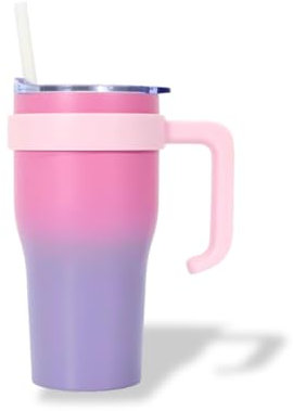 Mug Isotherme avec Paille et Poignée Ergonomique | Gourde 0.6l bicolore Rose/Violet en Inox pour conserver vos boissons au chaud ou au frais | Idéal pour le Bureau ou le Sport