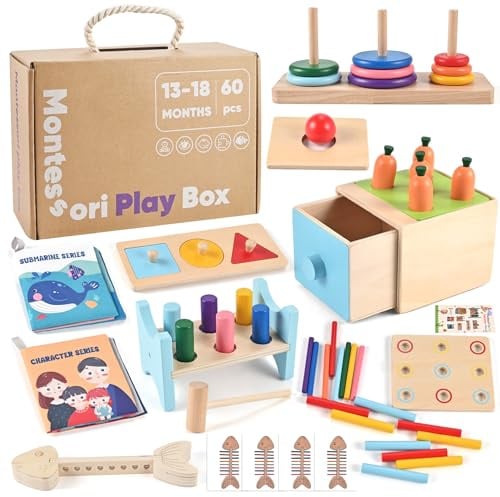 Wooderma Montessori Spielzeug ab 12 Monaten, Holzspielzeug Set | Mit Sortierspiel, Stapelspiel, Formenpuzzle, Klopfbank und Stoffbüchern, Motorik- & Sensorikspielzeug für Kleinkinder