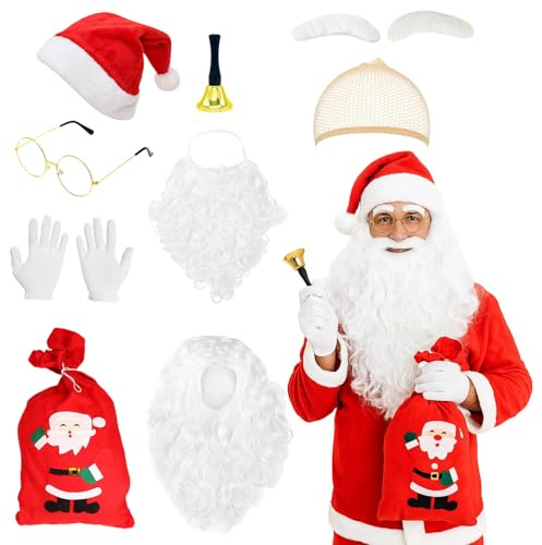 BrKern Weihnachtsmann Kostüm für Herren und Damen – Nikolaus Kostüm Set mit Weihnachtsmütze, Bart, Handschuhen, Geschenktasche und mehr – Perfekt für Weihnachtsfeiern und Nikolaus-Events