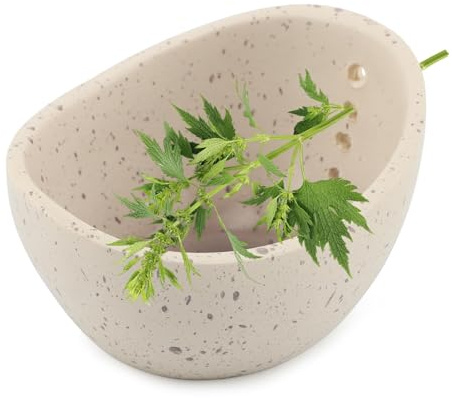 Pottery Herb Stripper Bowl, Handmade Herb Stripper Ceramic Bowl with 4-Slot Different Hole Sizes for Kale, Herbs & Broccoli, Efficient Peeling Off the Leafy Assembly(White)
