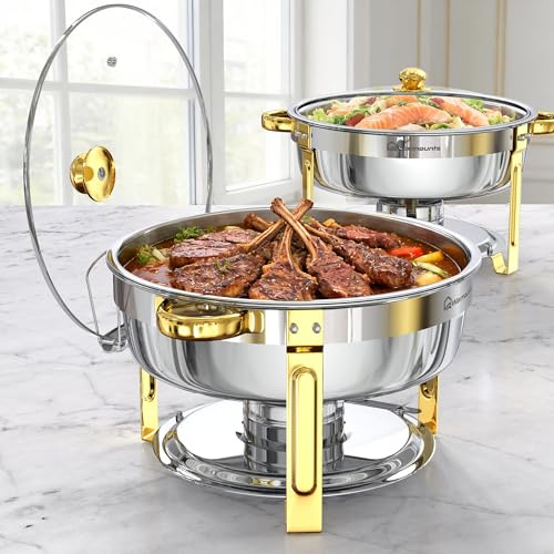 WARMOUNTS 6L Chafing Dish 2er Set Silber & Gold, Runder Speisenwärmer Edelstahl mit Glasdeckel, Stapelbarer Warmhaltebehälter Buffet Rechaud mit Deckelhalter für Gastronomie, Party, Hochzeit