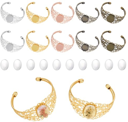 CRAFTYMELODY 10 Stück 5 Farben Lünetten Tablett Rohling Filigran Manschettenarmreif Mit 10 Stück Ovalen Glascabochonen Eisen Ovale Cabochon Filigran Lünetten Tablett Manschettenarmreif