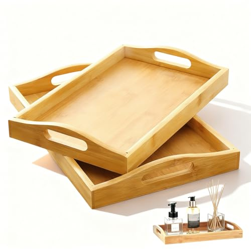 2 PCS Wooden Serving Tray, Large Bamboo Tray Rectangular Wooden Food Serving Trays with Handles for Tea Snack Coffee Display (40 X 28cm & 33 X 22cm)