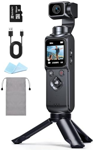 Ruycllo Caméra Vlog 4K, Caméra Action Stabilisée avec Gimbal – Stabilisation 2 Axes, Écran Tactile avec Carte 64Go, Suivi Facial/Objet, 200 Min d'enregistrement, Caméra Compacte pour Le Sport Le vlog