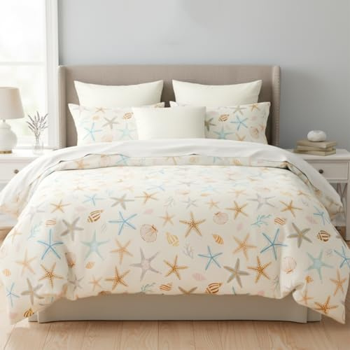 Nayoroom Bettwäsche Kinder 135x200 Ozean Motiv Mädchen Jungen Bettbezug Set | Oeko-TEX, Microfaser, Bettbezug 135x200 cm + Kissenbezug 80x80 cm, Kinderbettwäsche, Seestern Muschel, Reißverschluss