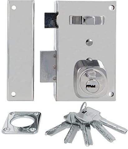 Amig - Cerradura de Sobreponer de Izquierda con Palanca de Cierre - Lengüeta y Tirador - Para Puertas de Madera - Mod. 75, 67 x 112 mm - Cilindro Redondo de Seguridad - Acero - Plateado