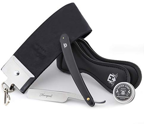Extra breite schwarze Lederriemen Rasiermesser Set 3-Teilig mit Leder Streichriemen und Schleifpaste