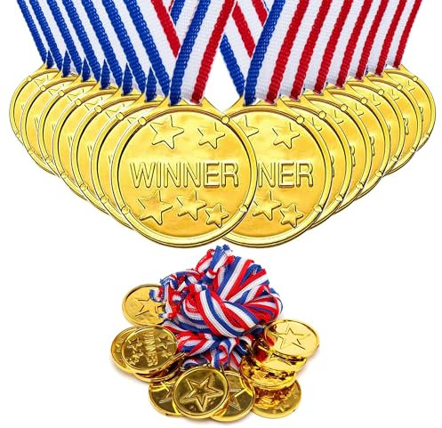 G4GADGET 24 8 Winner Medals Goldfarbene Siegermedaillen aus Kunststoff, Rot, Gold, Weiß, Blau, Einheitsgröße
