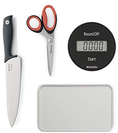 Brabantia Tasty+ Chef's Knife + Kitchen Scissors + Magnetic Kitchen Timer + Chopping Board and Serving Tray