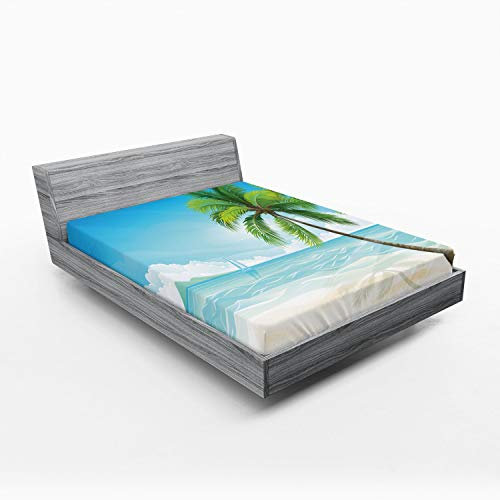 Lunarable Ocean Spannbettlaken, Grafik eines exotischen Strandpalmen in tropischer Insel Sonne, Sommerdruck, Bettbezug mit Rundumgummi, tiefer Tasche für Komfort, volle Größe, Blau Grün Creme