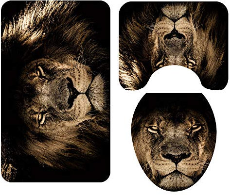 Morbuy 3 Pcs Ensemble Salle de Bain Tapis Contour WC Tapis de Bain Antidérapant Couvre Couverture de Toilette Siège - Empreinte d'animal (Lion)