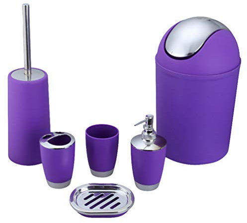 MisFox 6 Pieces Bathroom Accessory Set, Modern Stylish Design Solid Color Toilet Accessories Set Include Lotion Dispenser, Trash Can, Toothbrush Holder, Tooth Mug, Toilet Brush & Soap Dish - Purple