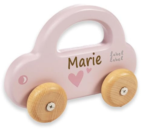 Elefantasie Spielzeug Auto aus Holz rosa personalisierbar mit Name Holzauto Baby Geschenk mit Gravur