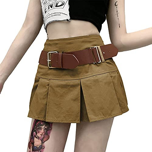 ORANDESIGNE Damen Y2k Minirock Harajuku Goth Punk Rock Gürteltasche A-Linie Gothic Plissee Miniröcke Hoher Taille Niedriger Taille Plaid Skater Spitze Mesh Rock Karierter Rock O Braun M