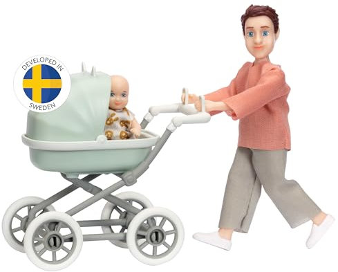 Lundby Puppenhaus Puppen - Puppe Puppenhaus Papa mit Biegepuppe Baby und Miniatur Kinderwagen - Puppen Puppenhaus Zubehör - Figuren Puppenhaus Biegepuppen - Puppenhaus Figuren - Maßstab 1:18