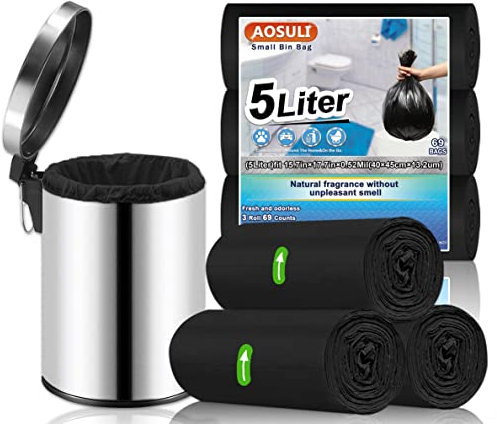 AOSULI Kleine Müllbeutel, 5 l, 69 Stück, schwarz, Müllbeutel für Küche, Zuhause, Büro, Bad, Rasen, Garten, Terrasse (passend für 2,4 cm, 3 l, 3 Rollen)