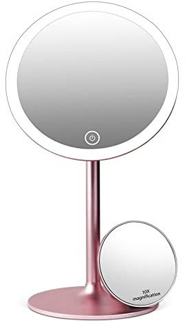 Kostlich Kosmetikspiegel mit Beleuchtung - LED Make-up-Spiegel mit 3 Lichtfarben, Dimmbarer Helligkeit, Wiederaufladbar – 360° Schwenkbar Schminkspiegel mit Kleinem 10X Vergrößerung Spiegel