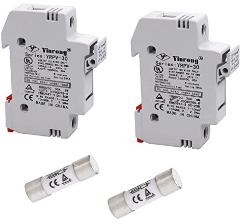 ZOOKOTO Solar-Sicherungshalter, 20 A, 1000 V, DIN-Schienenmontage, Sicherungshalter, 1 polig, weißes Kunststoffgehäuse mit 10 x 38 mm, 2 Sicherungen, 20 A, 2 Stück