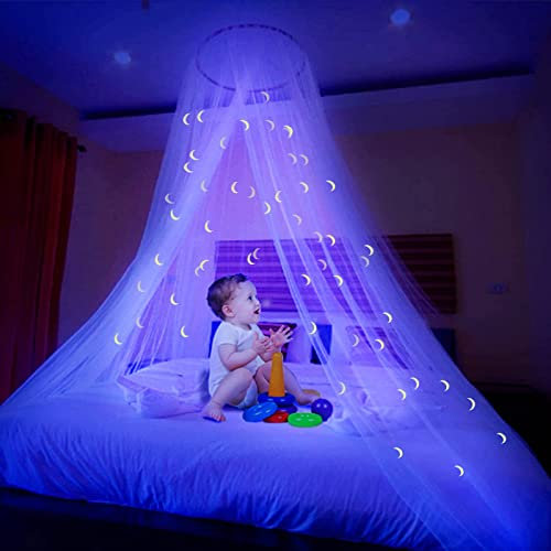 Ciaoed Ciel de lit avec étoiles fluorescentes et Moon Grow, moustiquaire dôme Anti-moustiquaire, Convient pour lit de bébé, Enfant, Fille ou Adulte