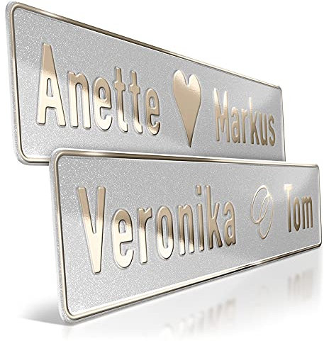 1 Hochzeit Autoschild Silber Glitter| Goldprägung Wunschtext | Herz & Ringe | Aluminium Hochzeitsschild | Hochzeitsauto Kennzeichen | just married | grod gheirat