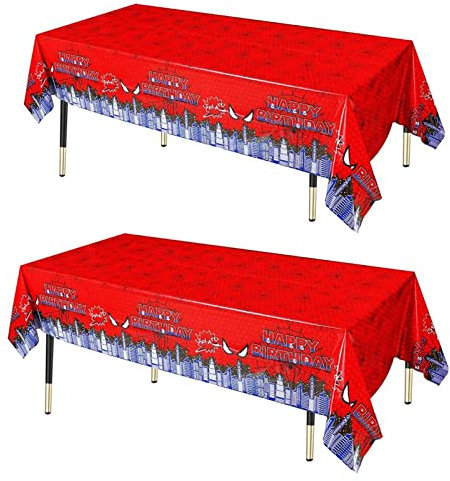 ATBEAMEN 2Pack 130 * 220cm Red Cartoon Party Table Cloth for Boys Birthday, Rectangular Party Disposable Table Cover Plastic Tablecloths for Kids,Superhero Birthday Decor