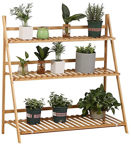 Outsunny Étagère à plantes en bambou, étagère à fleurs, support de pots de fleur pliable, porte plantes, 3 étagères, 98 x 37 x 96,5 cm pour Intérieur Balcon Jardin Terrasse
