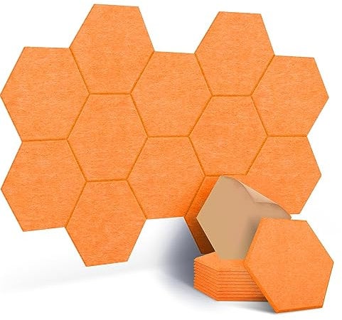 JAMELO 12 Pcs Self-Adhesive Acoustic Absorption Panels, High Density 12 X 10 X 0.4 Soundproof Acoustic Panel, Hexagon Sound Absorbing Panels for Recording Studio & Home & Offices (Orange)