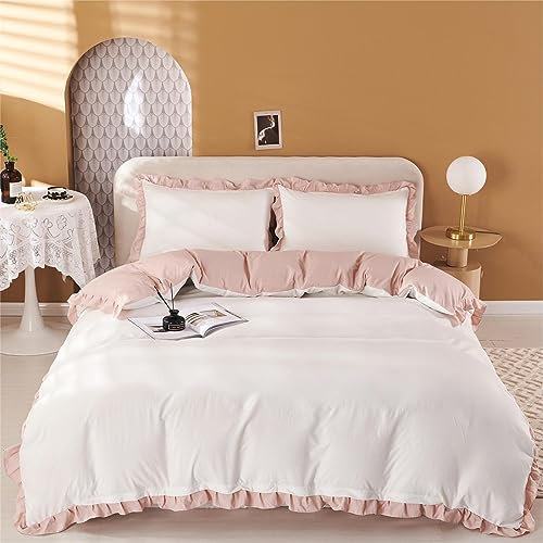 Freyamy Bettwäsche 220x240cm 3teilig Weiß Rosa Rüschen Romantisch Wendebettwäsche Gewaschene Microfaser Weiche Bettwaren-Sets Uni Mädchen Bettbezug mit Reißverschluss und 2 Kissenbezug 80x80cm