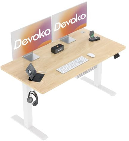 Devoko 140x60 cm Escritorio Regulable en Altura, Escritorio Elevable Eléctrico Telescópico Bidireccional, Escritorio de Oficinay Hogar, para Estudio en Casa con Tablero Ensamblado, Beige