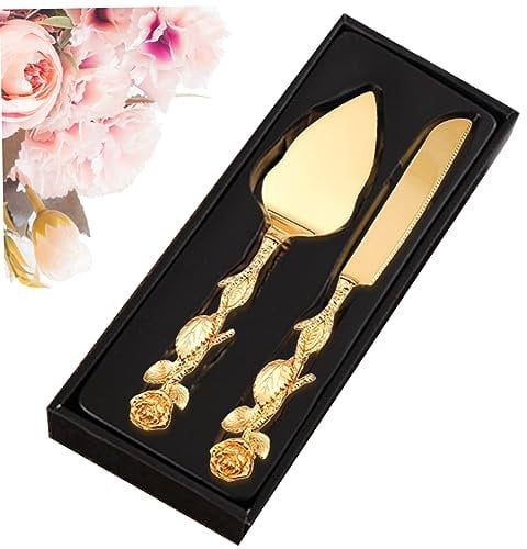 Cake Slice Cake Cutting Set For Wedding Gold Cake Cutter And Server Set With Rose Handle Elegant 2Pcs Cake Serving Set Gift For Engagement, Anniversary, Birthday