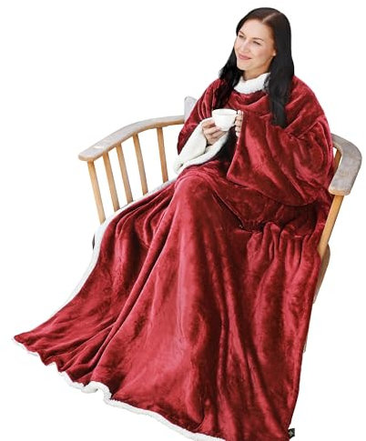 Catalonia Classy Wearable Blanket with Sleeves, Warm Sherpa Fleece Full Body Snuggle Blanket with Large Pockets, Double-Sided Blanket Gift for Women, 185 x 140 cm, Wine
