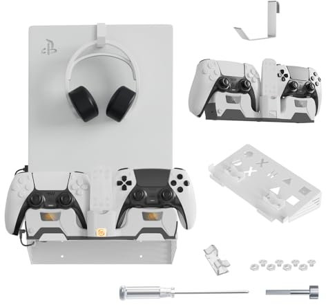 Wall Mount Bracket For For PS5/PS5 Elite Console, Dual Controller Charging Stand Wall Stand with 2-in-1 Magnetic Charging Cable & Headphone Hanger