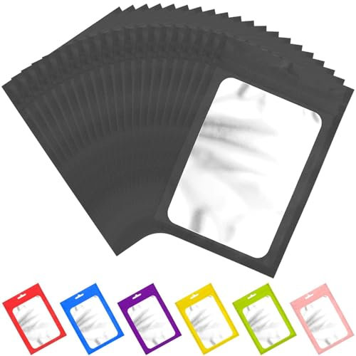 100 sacchetti richiudibili in Mylar con finestra trasparente, sacchetti per imballaggio, sacchetti con cerniera, per alimenti, autosigillanti, forniture per la conservazione (18 x 26 cm, nero)