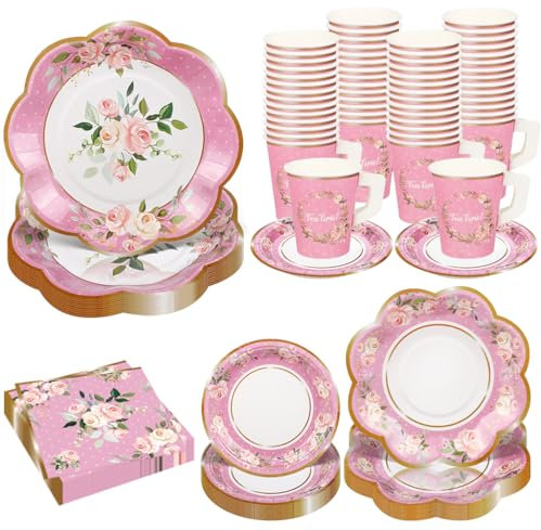 TWOWYHI 136Pcs Floral Tea Party Supplies for 25 Floral Tea Cups with Handle 9” 7” Floral Paper Plates Disposable Flower Cups and Saucers Sets for Garden Birthday Bridal Wedding,Pink