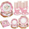 TWOWYHI 136Pcs Floral Tea Party Supplies for 25 Floral Tea Cups with Handle 9” 7” Floral Paper Plates Disposable Flower Cups and Saucers Sets for Garden Birthday Bridal Wedding,Pink