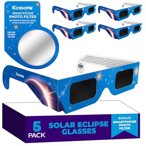 Kesseph Sonnenfinsternis-Brillen 2026 (5er-Pack) – CE- & ISO-zertifizierte Schutzbrillen für die sichere Sonnenbeobachtung, inkl. Smartphone-Filter, Design: Blaue Sterne