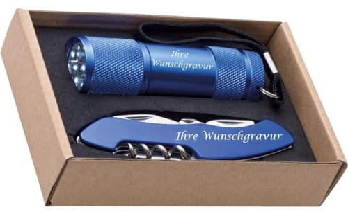 Set bestehend aus Taschenlampe und Taschenmesser mit Gravur / Farbe: blau
