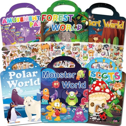 OSIMIG 6 Set Wiederverwendbare Stickerbücher, 340+ 3D Puffy Sticker Kinder, Immer Wieder Stickerbuch Wiederverwendbar inklusive Monsterwelt, Insekten, Wald, Wüste, Polarwelt, Freizeitpark