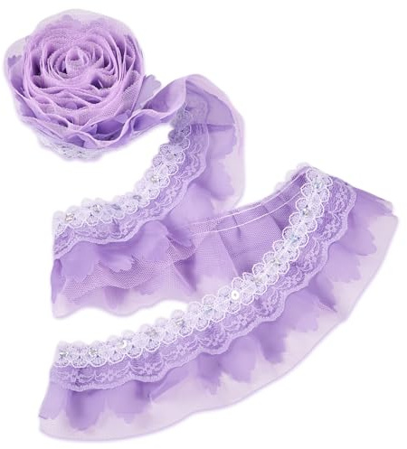 Craftdady 2-lagiger Spitzen-Bordüre, 5,1 cm breit, gerafftes Rüschen-Netz, Chiffon-Borte, Tüll-Band, zum Nähen, Basteln, Verzierungen, Flieder