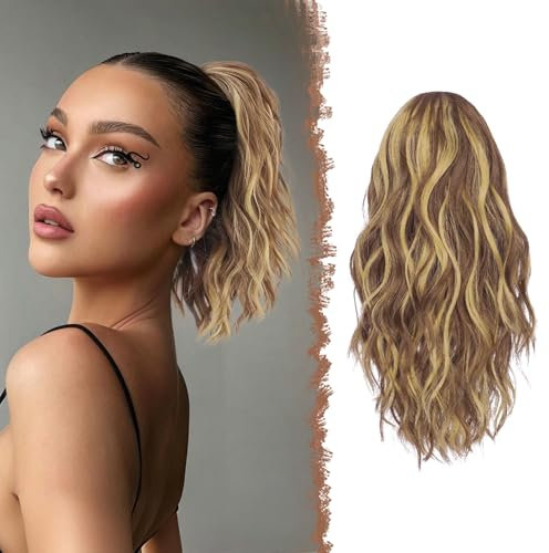 FESHFEN Pferdeschwanz Haarteil mit Kordelzug, 30 cm Wellen Zopf Pferdeschwanz Verlängerung Haare Extension Synthetik Kurz Wellig Haarverlängerung Ponytail für Damen Frauen, Hellbraun & Blond